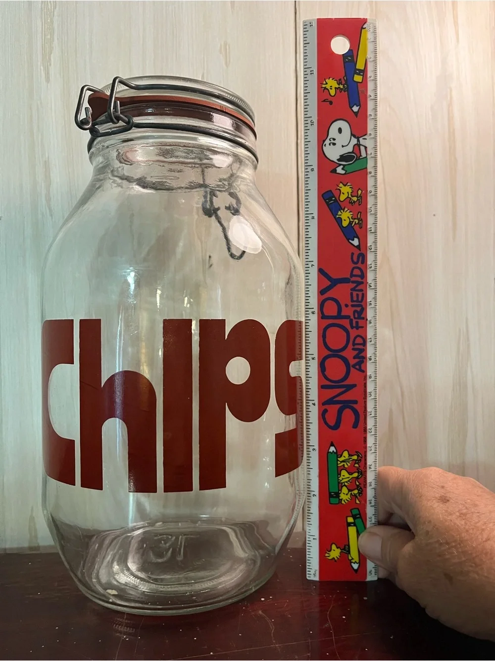 Vintage 'chips' Glass Storage Jar with Clamp Lid - Brown Lettering